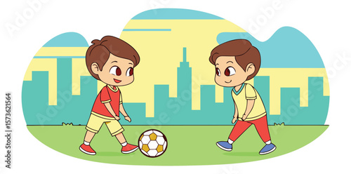Cartoon Illustration of Boys Playing Soccer on Urban Field