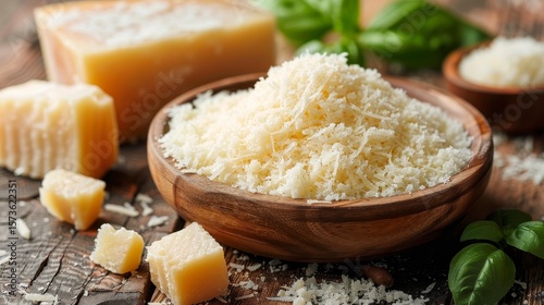Grated cheese in wooden bowl with basil, rustic wood background, cheese blocks