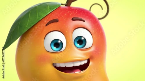 Smiling Cartoon Mango Fruit Character with Blue Eyes