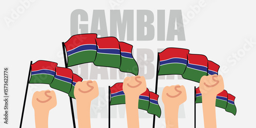 hand with flag of the Gambia or Gambia independence day vector illustration of Gambia flag with gray background banner or greeting card