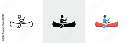 A person navigates a red canoe using a blue paddle, shown in three styles