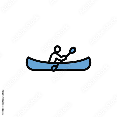 A simple person paddles a blue kayak with a black outline, with transparent background