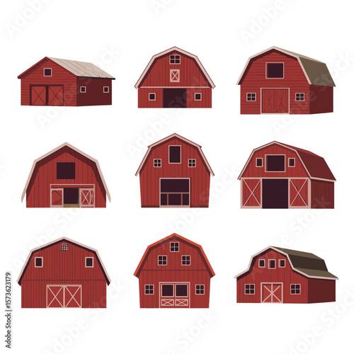 Collection of Red Farm Barns in Flat Style