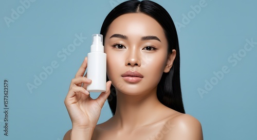 Asian Woman with Skincare Product - Beauty and Cosmetics Concept