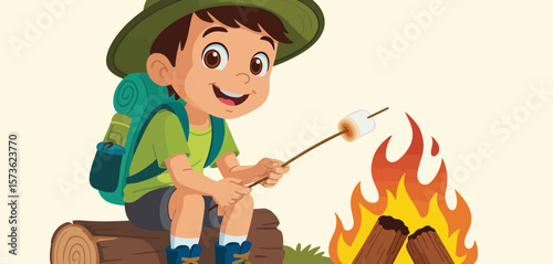 Boy roasting marshmallow over campfire on a log