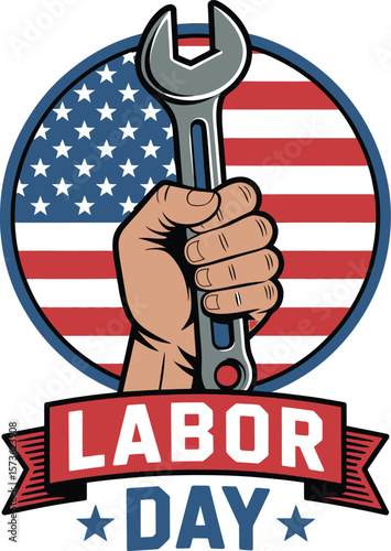 Labor Day with Hand Holding Wrench and American Flag Circle