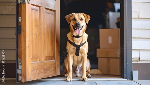 A light brown dog sits patiently at a doorway, welcoming visitors or packages