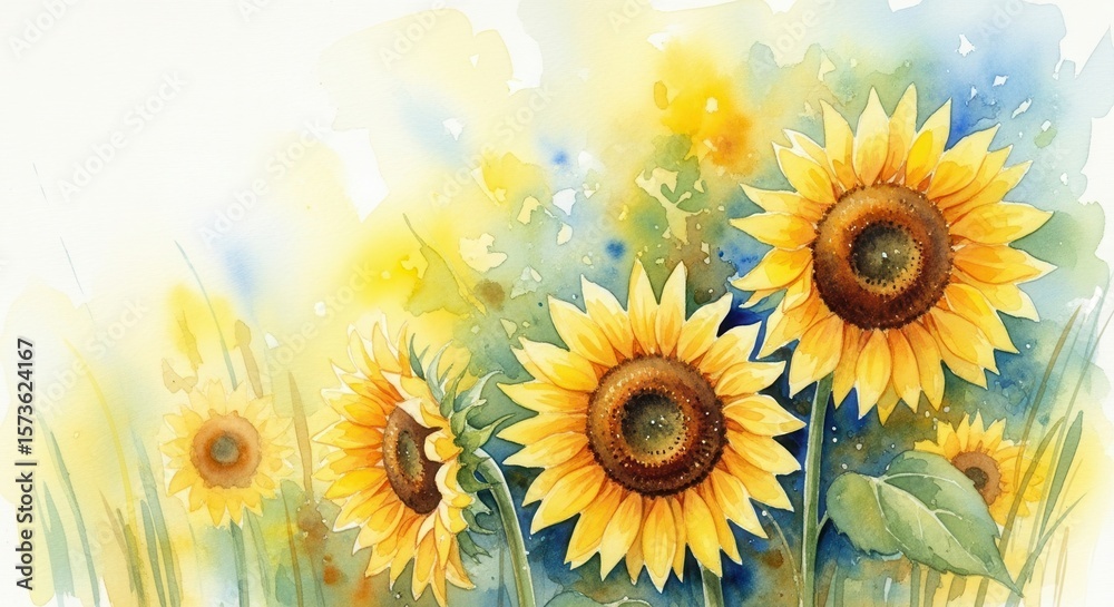 Obraz premium Vibrant watercolor painting of sunflowers in a field