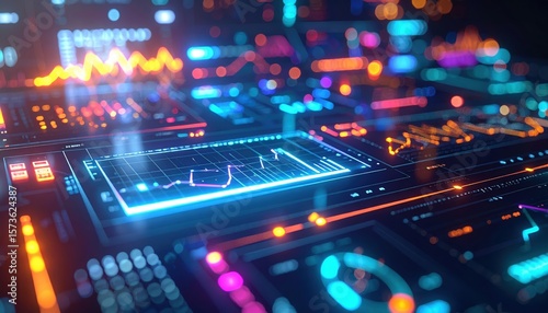 Wallpaper Mural Highly detailed futuristic digital control panel with holographic interfaces illuminated by vibrant neon lights and dynamic data visualizations for technology concept Torontodigital.ca