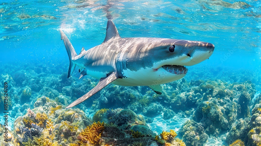 Fototapeta premium Great white shark swims over coral reef, visible teeth, sunlight through water