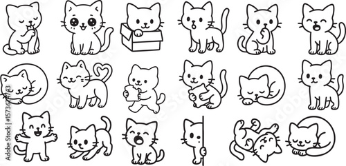 Cute Cartoon Cat Set in Poses Simple Black and White Line Art for Kids Coloring Book | Generative AI