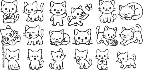 Cute Cartoon Cat Set in Poses Simple Black and White Line Art for Kids Coloring Book | Generative AI