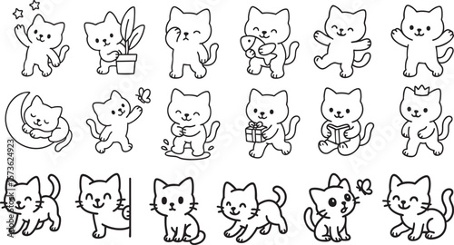Cute Cartoon Cat Set in Poses Simple Black and White Line Art for Kids Coloring Book | Generative AI