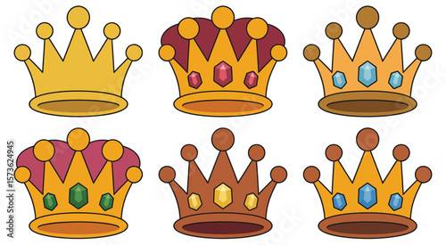 Collection of six colorful cartoon crowns with different gemstones and designs