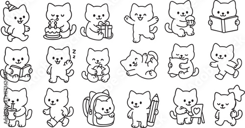 Cute Cartoon Cat Set in Poses Simple Black and White Line Art for Kids Coloring Book | Generative AI