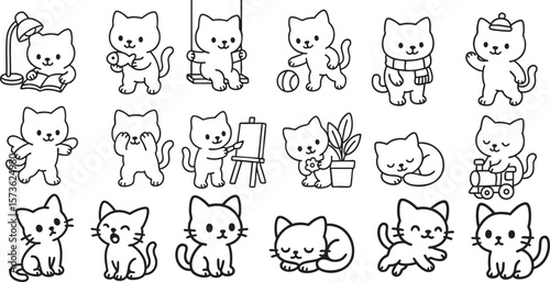 Cute Cartoon Cat Set in Poses Simple Black and White Line Art for Kids Coloring Book | Generative AI