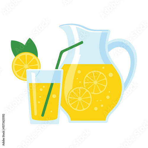 Refreshing pitcher and glass of lemonade with lemon slices and straw