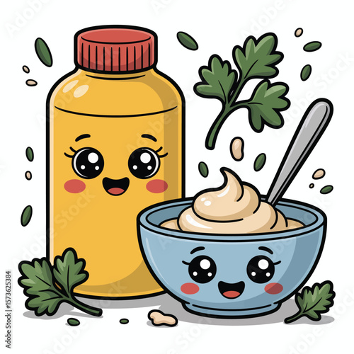 Kawaii mayonnaise bottle and bowl with parsley and spoon