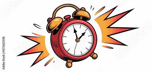 Retro alarm clock rings loudly with colorful comic book style explosion effect