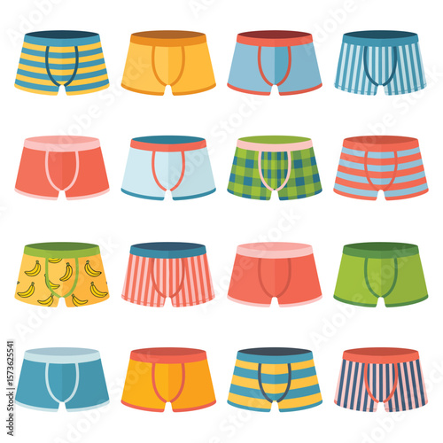 Collection of flat design boxer briefs with various patterns and colors