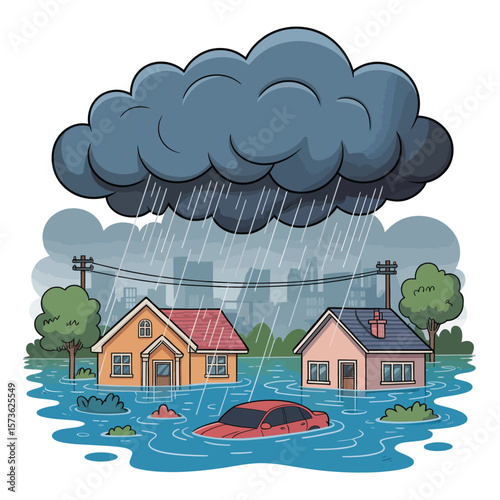 Cartoon illustration of houses and car submerged in floodwaters during heavy rain