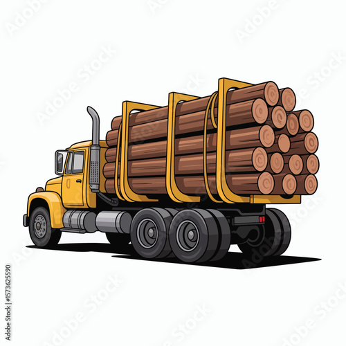 Yellow logging truck carrying a large load of timber logs on a white background