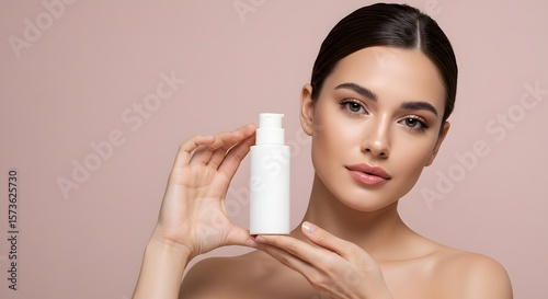 Beautiful Woman Holding Cosmetic Product Bottle, Skincare Concept