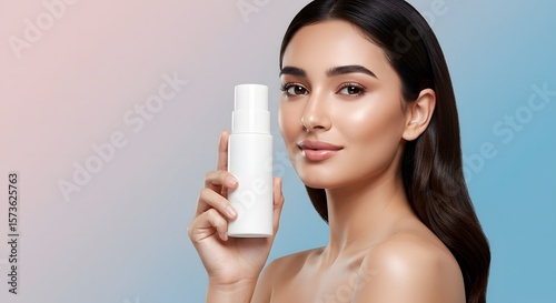 Beautiful Woman Holding Cosmetic Product Bottle