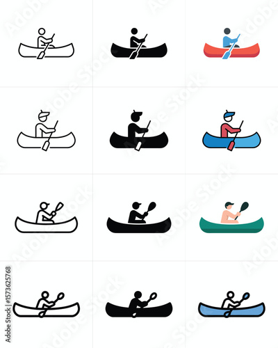 An assortment of canoe line art shows paddling person in different styles and color