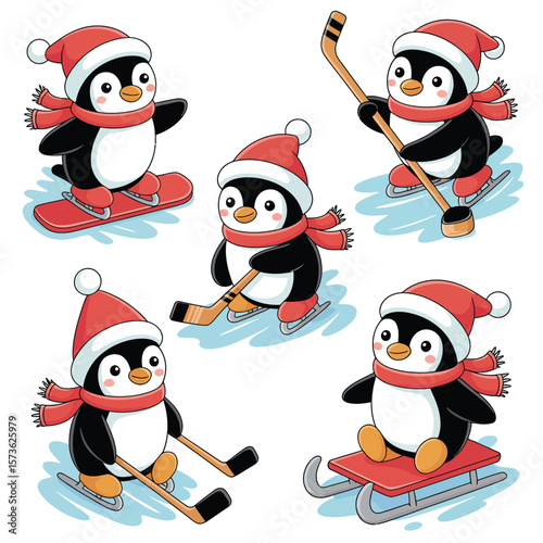 Cute cartoon penguins enjoying winter sports wearing santa hats and scarves