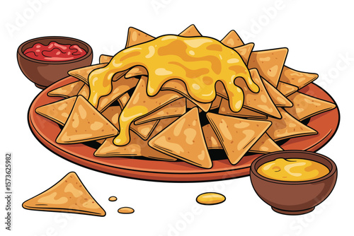 Delicious pile of tortilla chips covered in melted cheese with dipping sauces
