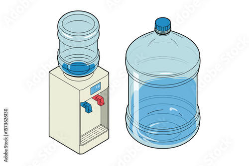 Water cooler dispenser with a large water bottle next to it on a white background
