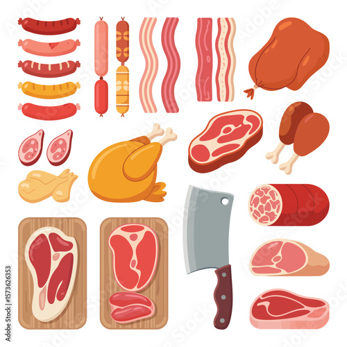 Collection of raw and cooked meats and butchery tools isolated on white background