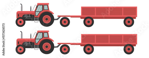 Red Tractor with Trailer Side View Illustration