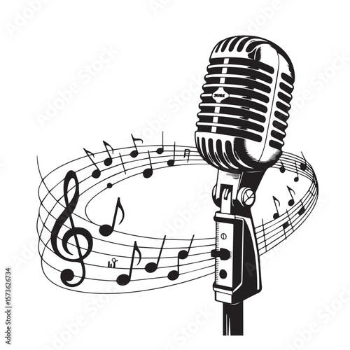 A vintage microphone stands proudly with musical notes swirling around it, representing the art of song and performance