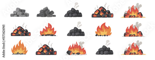 Charcoal Burning Stages Vector Illustration Set