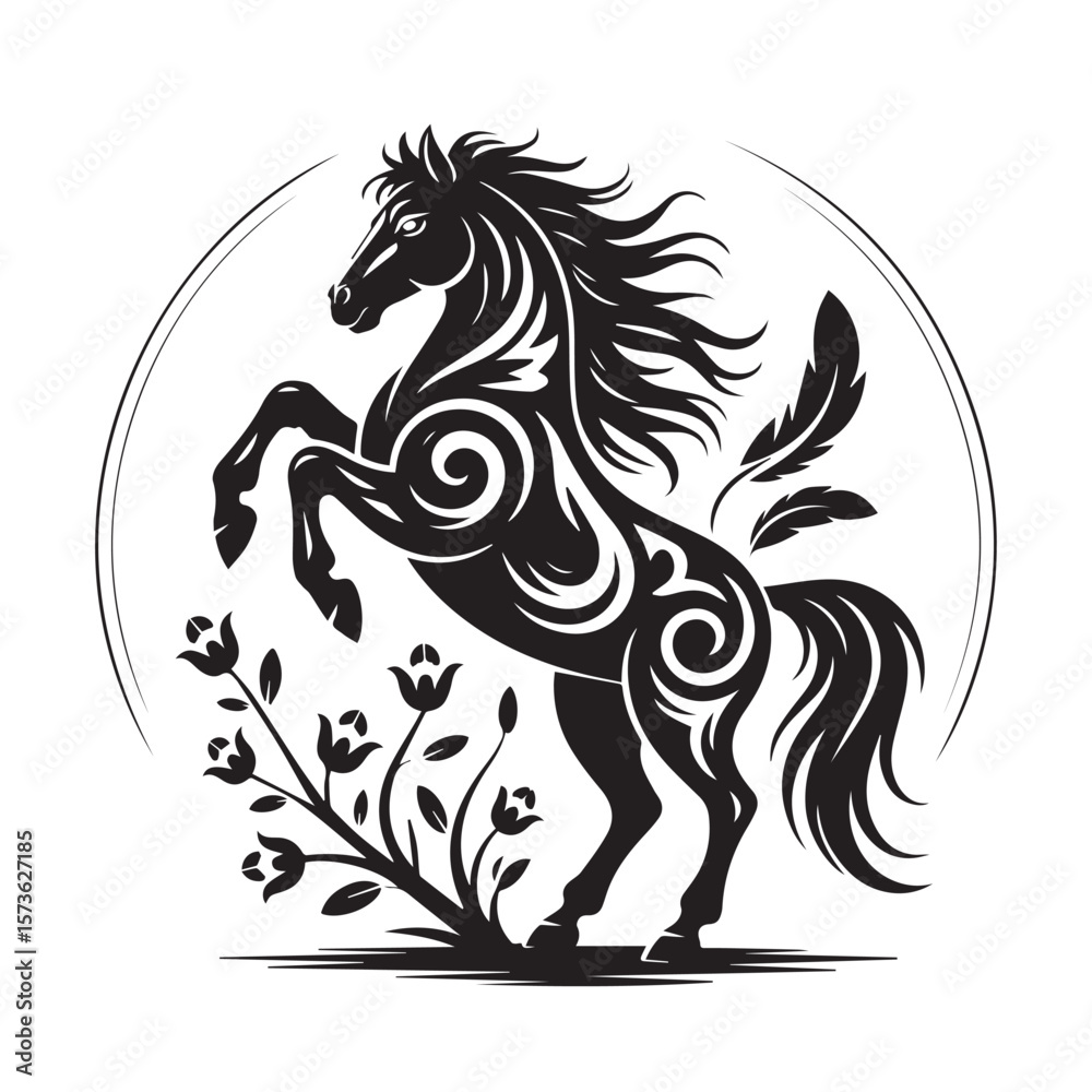 Fototapeta premium A striking black silhouette of a powerful horse rearing up amidst stylized floral elements, its body adorned with intricate swirling patterns, enclosed within a subtle circular frame