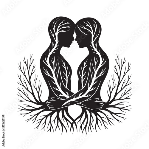 Two human silhouettes embracing, their bodies intricately formed by tree branches and roots, symbolizing deep connection, growth, and unity in a striking black and white design