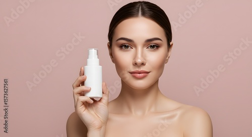 Beautiful Woman Holding Skincare Product Bottle, Beauty, Cosmetics
