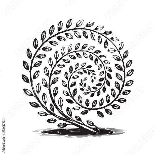 A striking black and white illustration of a circular vine with abundant leaves, originating from a base and spiraling inwards with natural grace