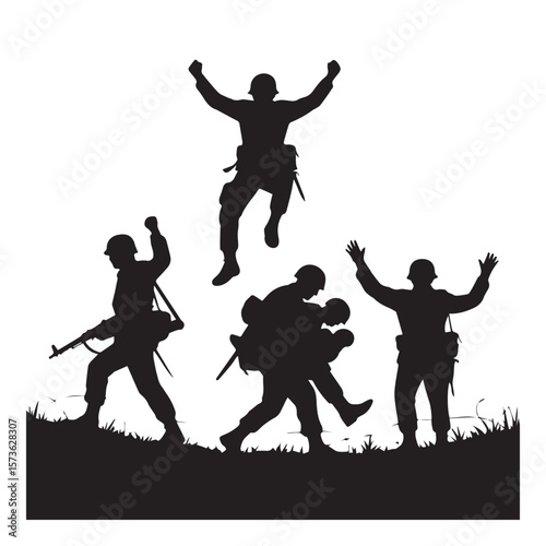 Silhouettes of soldiers celebrating victory and supporting each other on the battlefield
