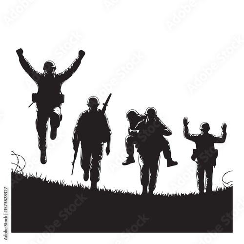 Silhouettes of soldiers advancing with celebratory gestures and carrying comrades on the battlefield