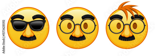 Face with glasses and mustache Set of three yellow emoji