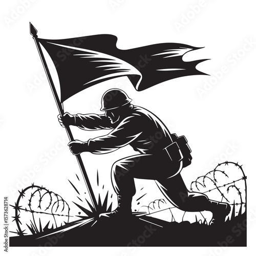 A determined soldier plants a flag amidst barbed wire, symbolizing courage and the struggle for freedom in a dramatic black and white depiction