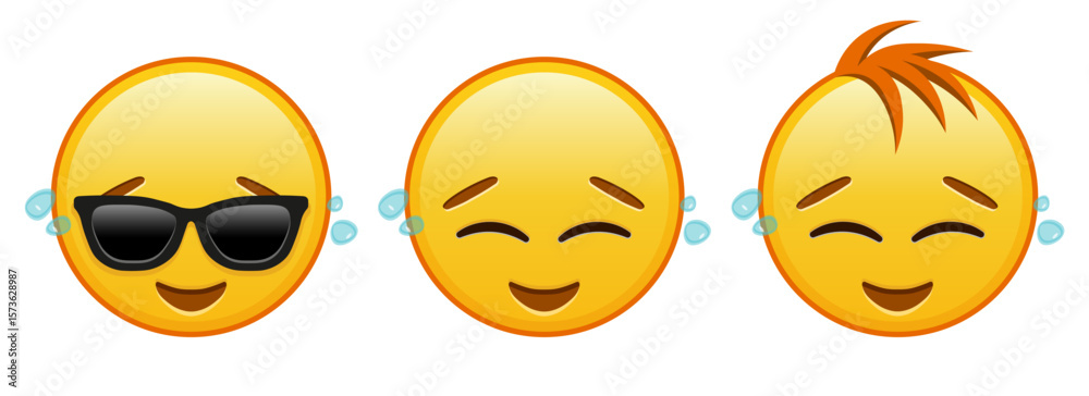 Fototapeta premium Happy yellow face with tears Set of three emoji