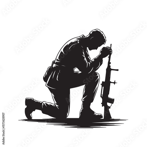 A soldier kneels in solemn reflection, resting a rifle beside them, conveying a powerful message of remembrance and sacrifice
