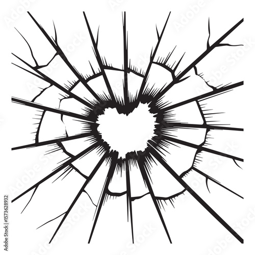 A black and white illustration of a shattered glass effect with radiating cracks originating from the center