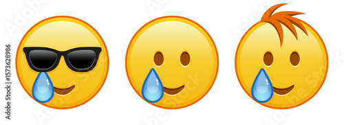 Happy yellow face with tears Set of three yellow emoji
