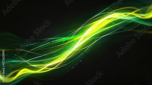 Abstract Green and Yellow Light Trails, Energy Flow, Dynamic Lines, Glowing Swirls, Dark Background