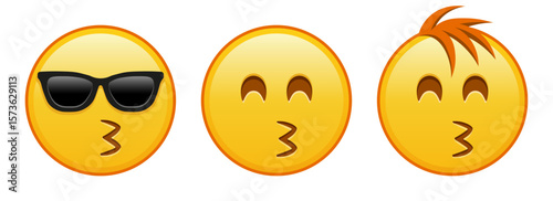 Kissing face with laughing eyes Set of three yellow emoji